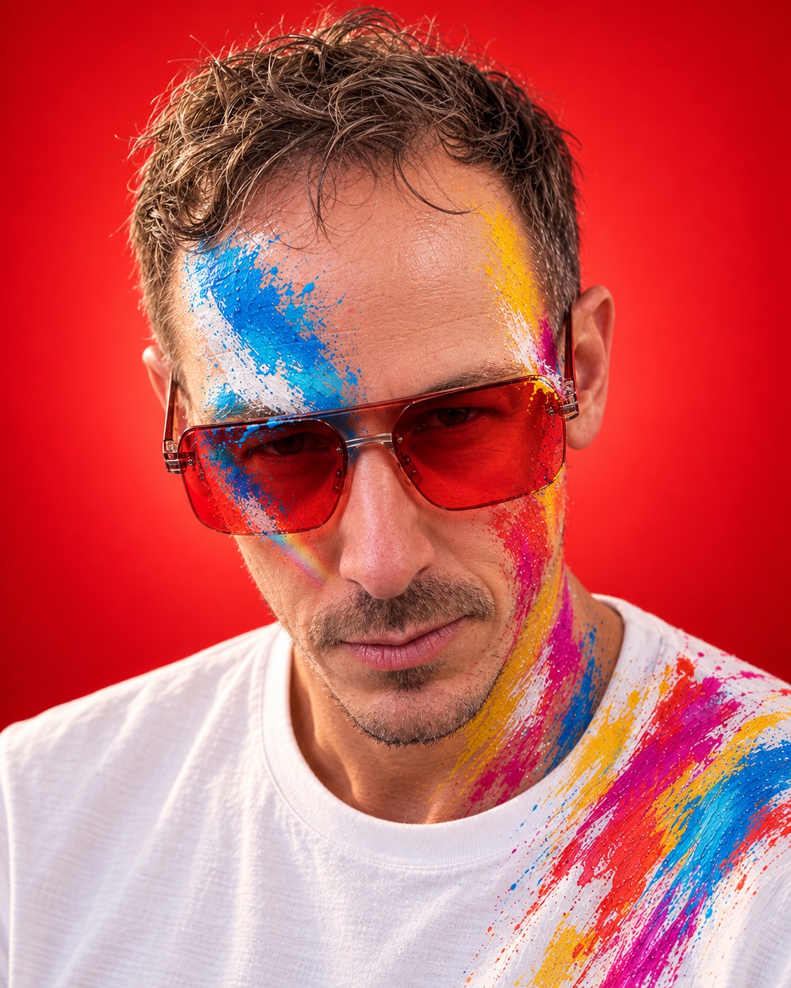 Flow:me mit farbigen Pinselstrichen im Gesicht und roter Sonnenbrille