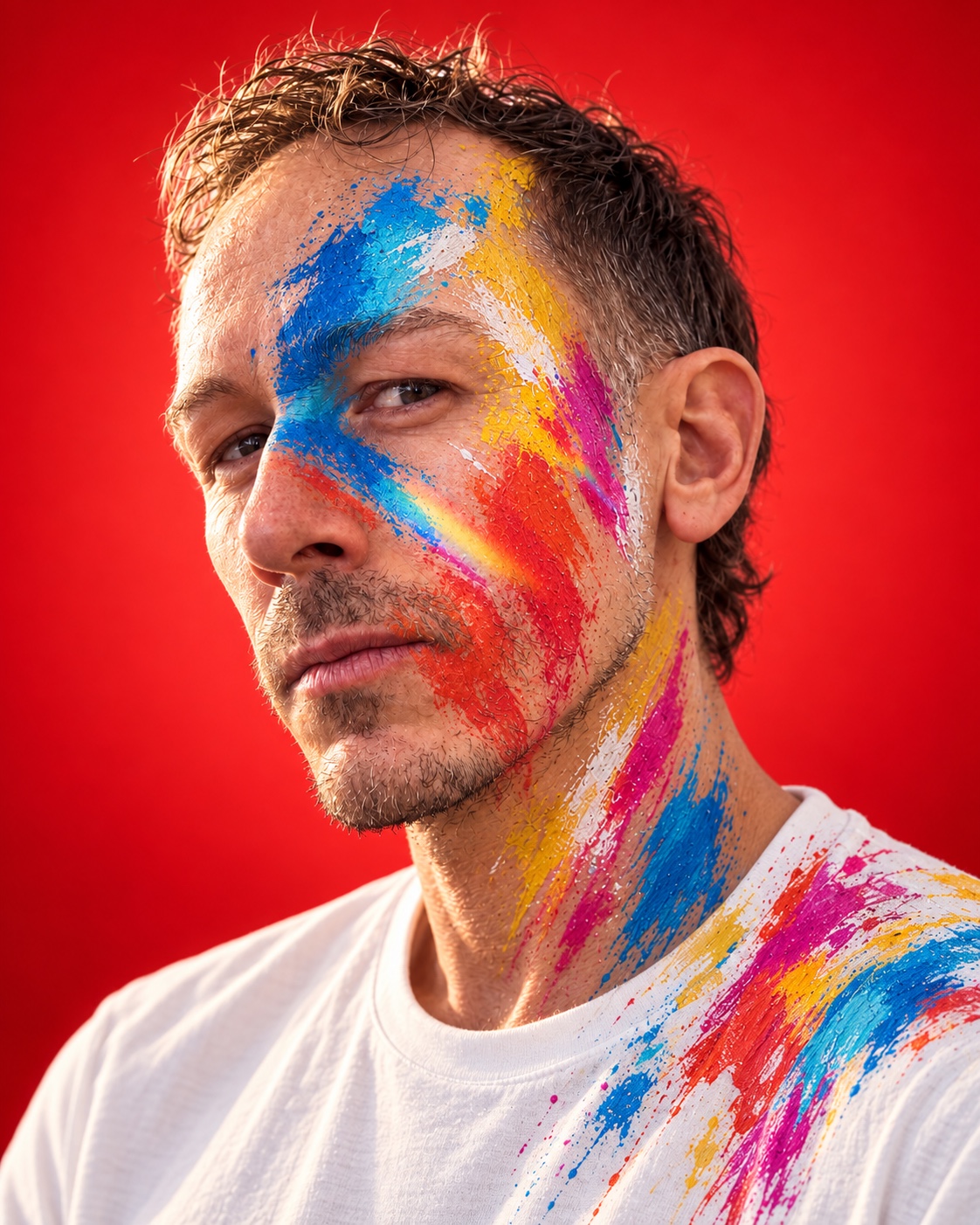 Flow:me mit farbigen Pinselstrichen vor rotem Hintergrund