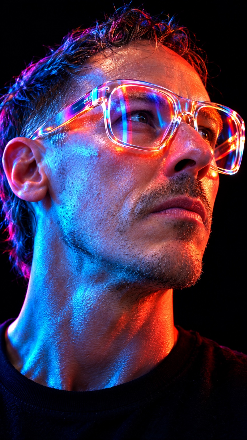 Flow:me mit transparenter Brille in blau-rotem Neonlicht
