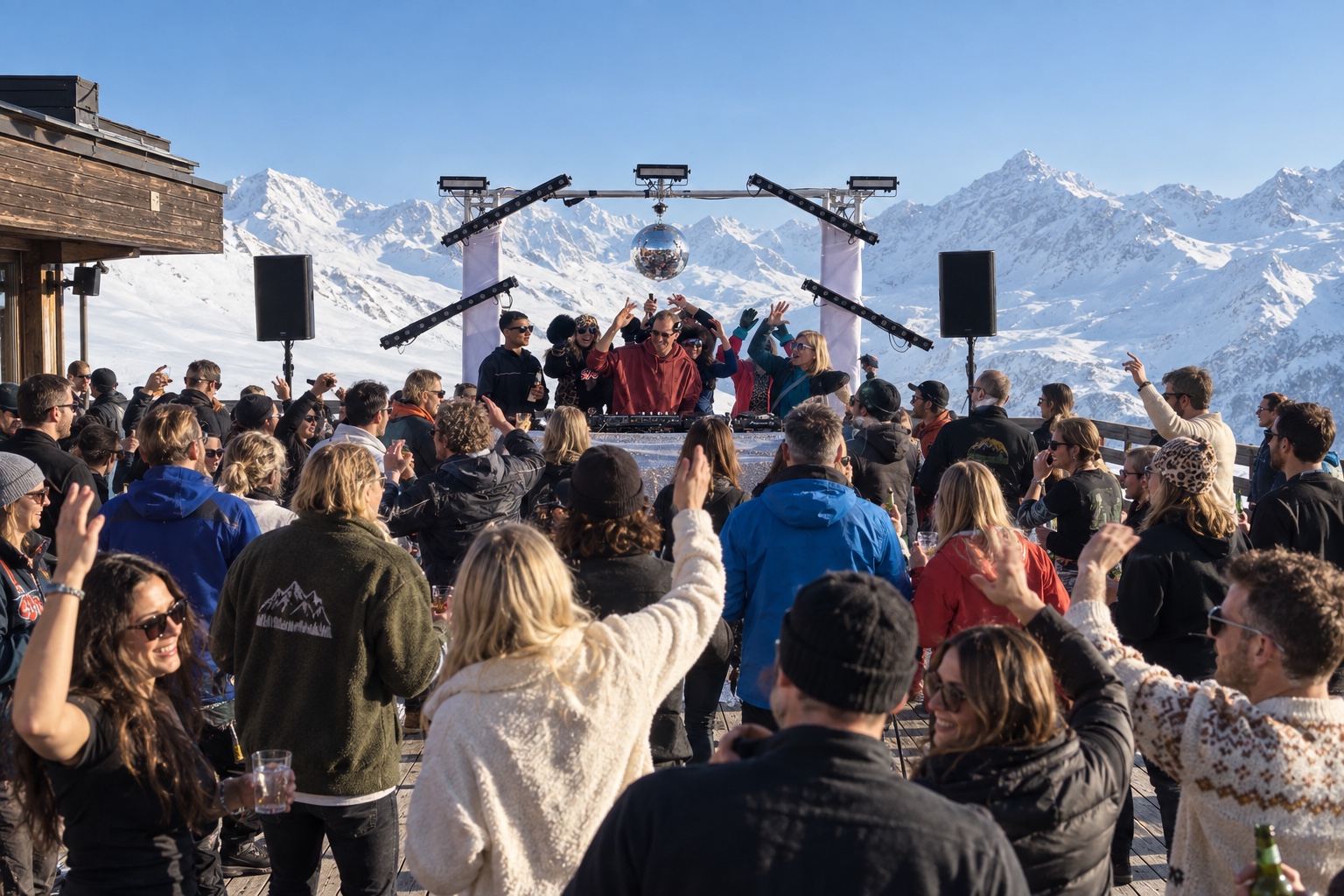Feiernde Crowd bei einem elektronischen Event im verschneiten Bergpanorama